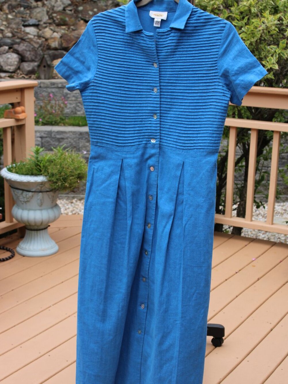 Talbots Women Midi dress SZ 6 Blue Linnen Rayon Button Down Short Sleeves Belt